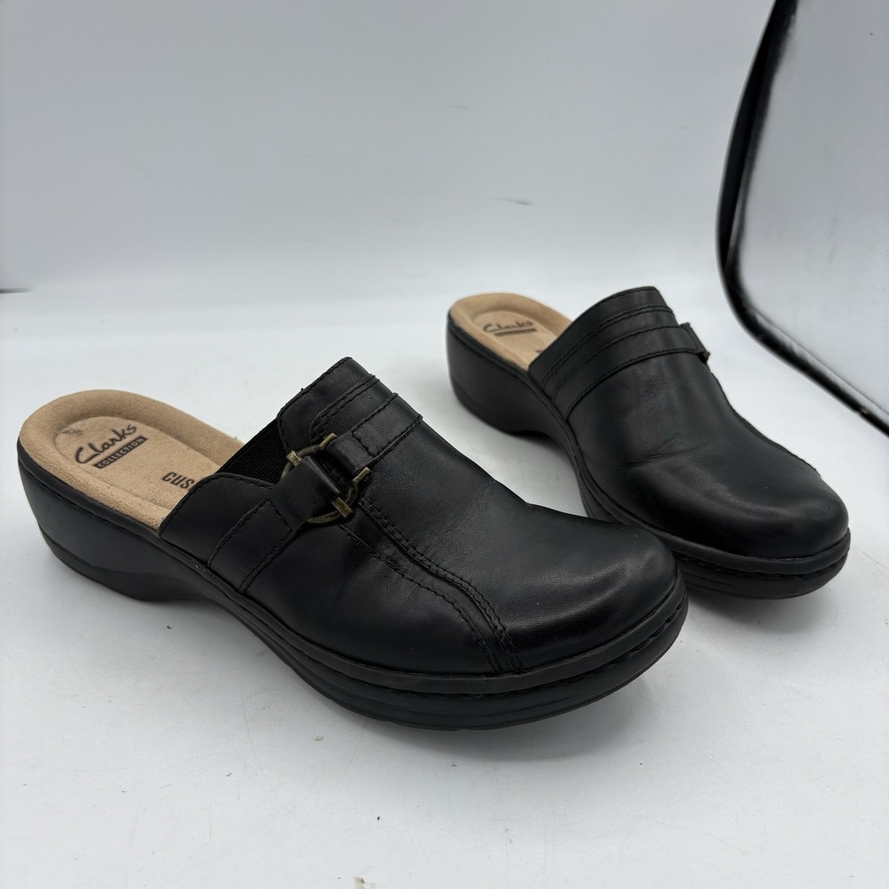 Clarks Shoes Womens Size 6.5 M Hayla Marina Black Slip On Wedge Heel Mule Clogs